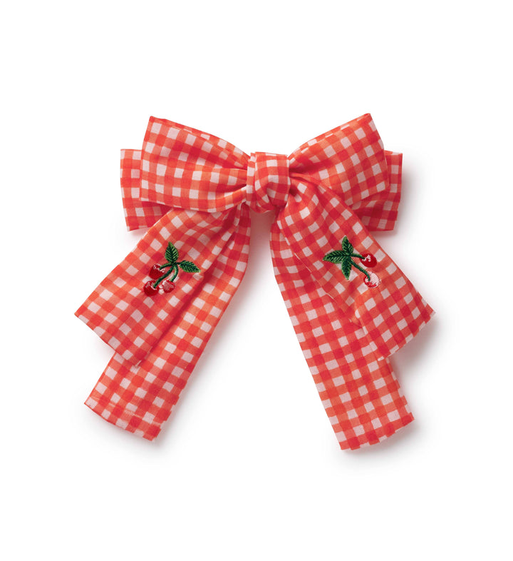 Gingham Cherries Embroidered Hair Bow