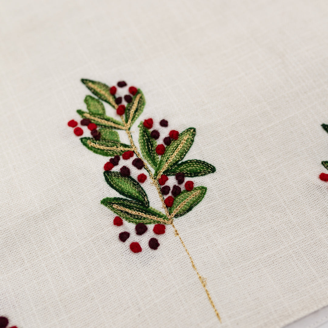 72" Embroidered Holly Leaves Table Runner
