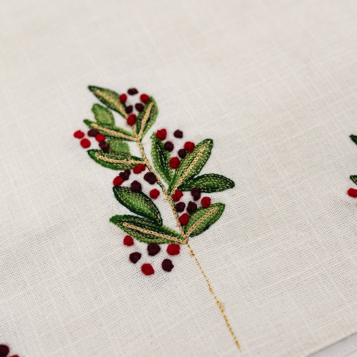 72" Embroidered Holly Leaves Table Runner