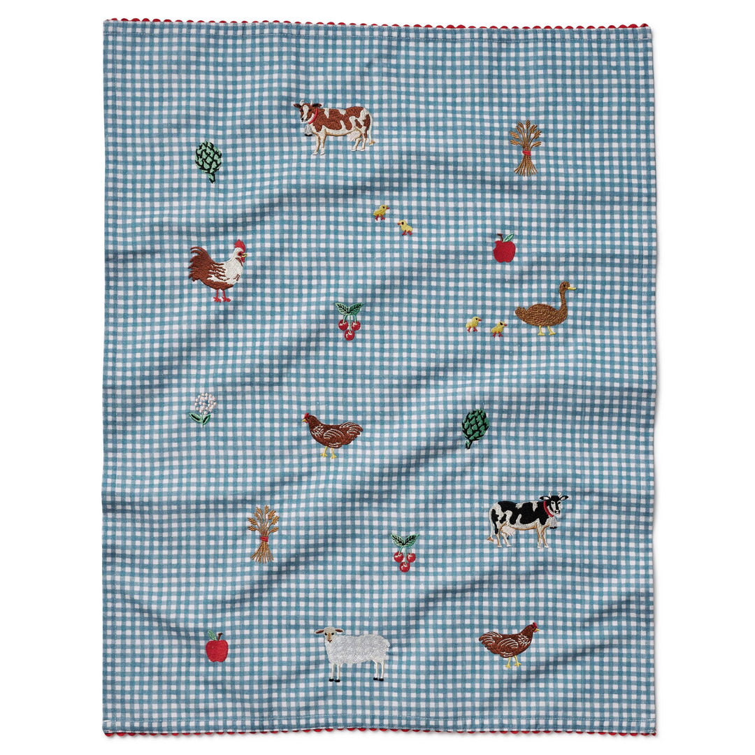 Country Farm Gingham Embroidered Tea Towel