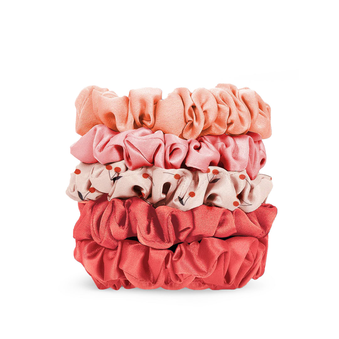 Cherry Satin Scrunchies, Set of 5