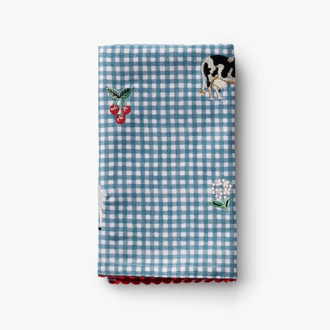 Country Farm Gingham Embroidered Tea Towel