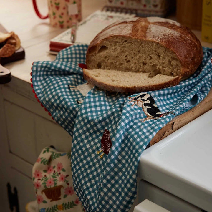 Country Farm Gingham Embroidered Tea Towel