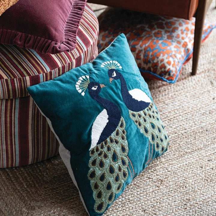 Embroidered Peacocks 20" Velvet Pillow