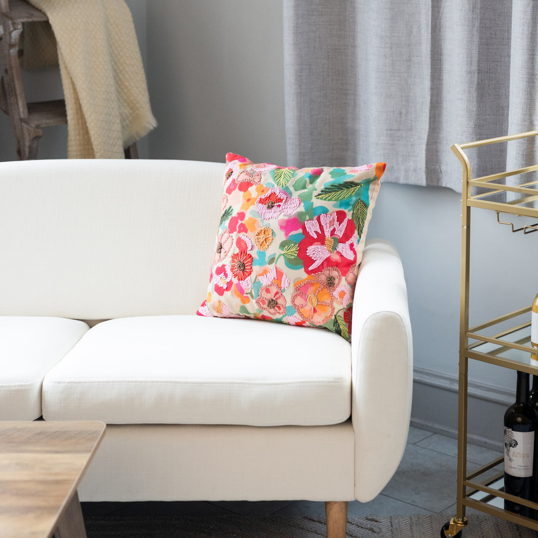 Flower Embroidery 18" Square Pillow