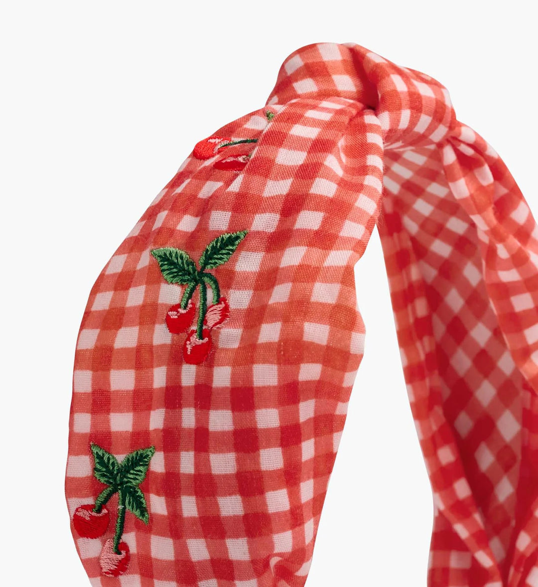 Gingham Cherries Knotted Embroidered Headband