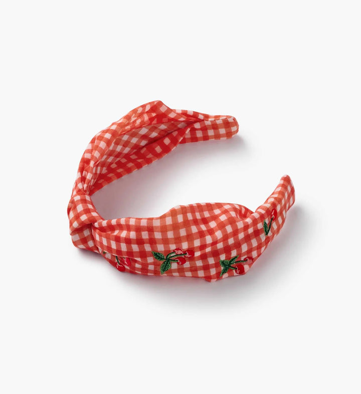 Gingham Cherries Knotted Embroidered Headband
