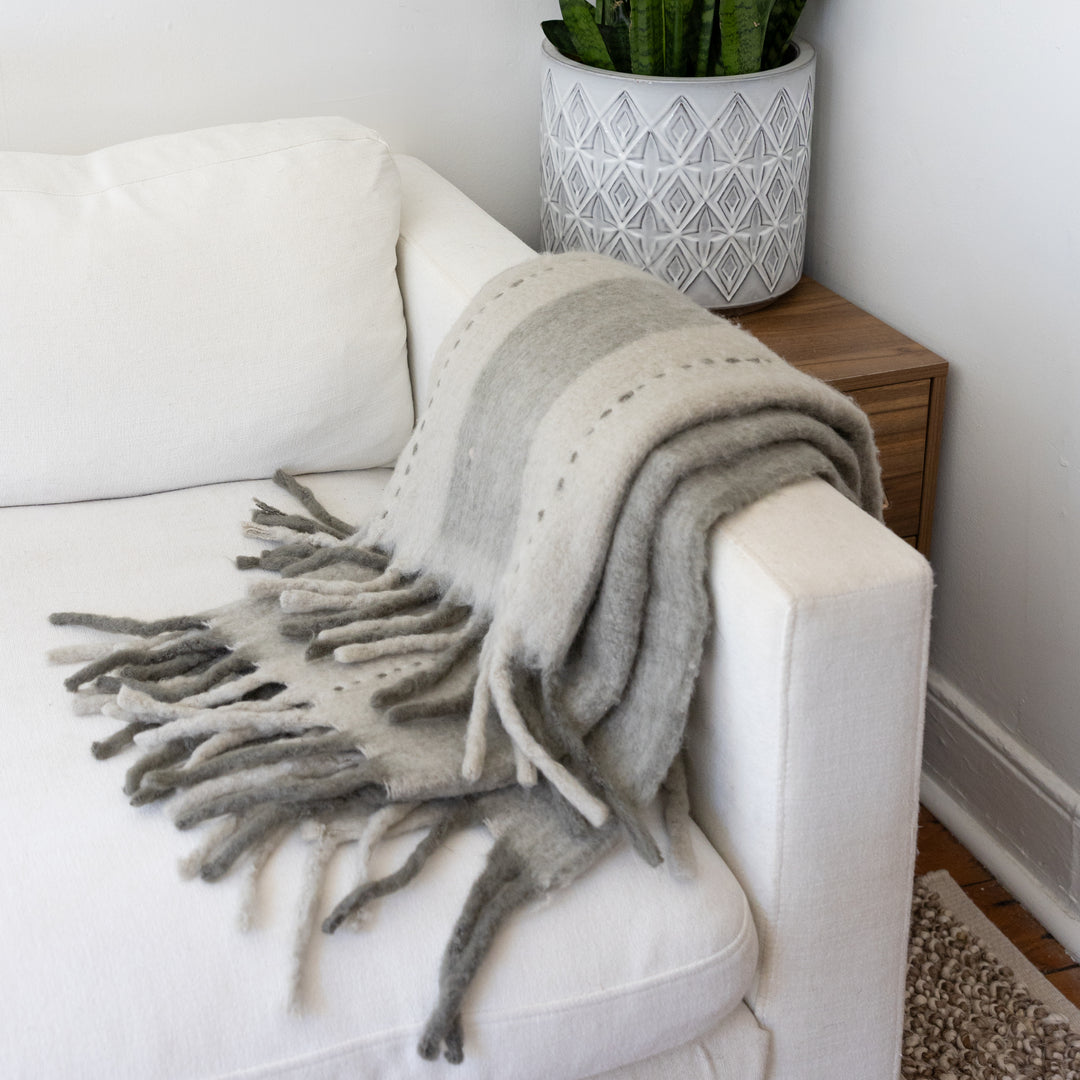 Grey & Cream Striped Woven Throw