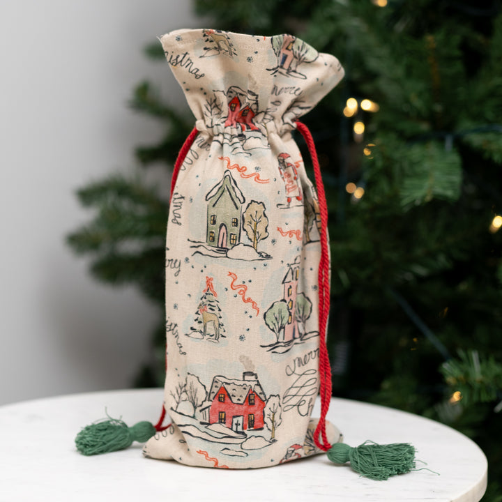 Holiday Drawstring Wine Bag