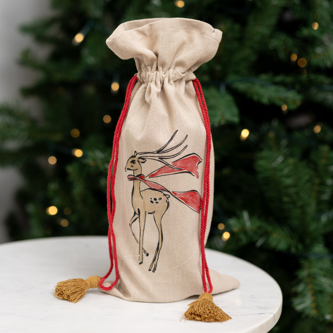 Holiday Drawstring Wine Bag