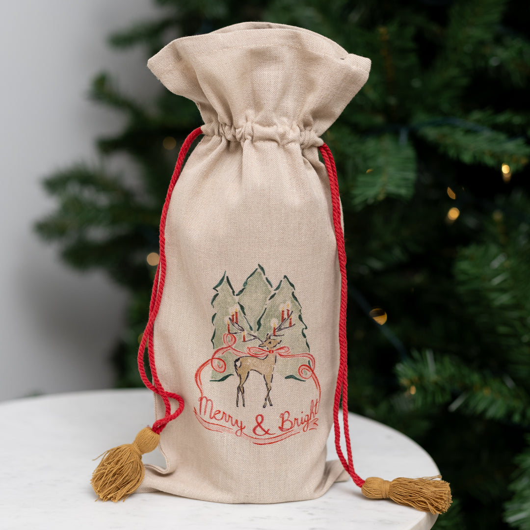 Holiday Drawstring Wine Bag