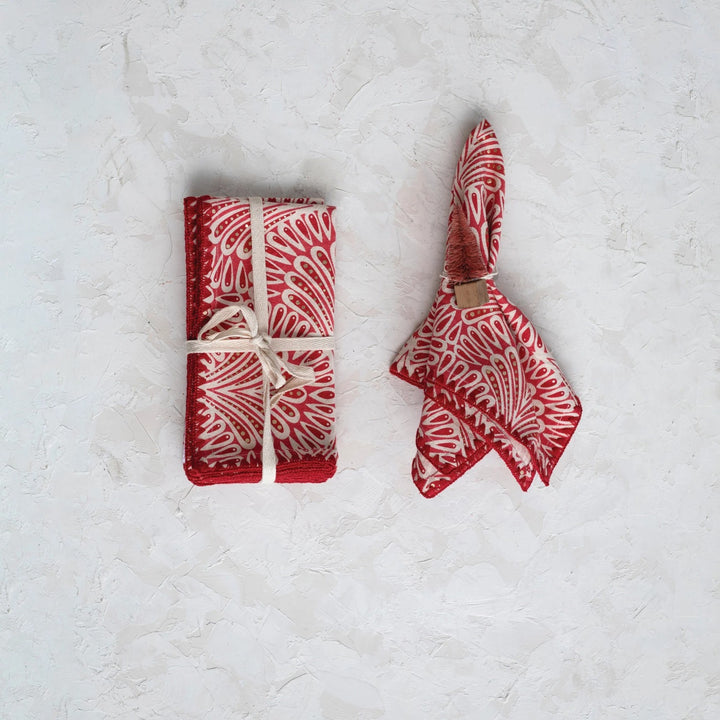 Red Pattern Printed Cotton Napkin Set/4