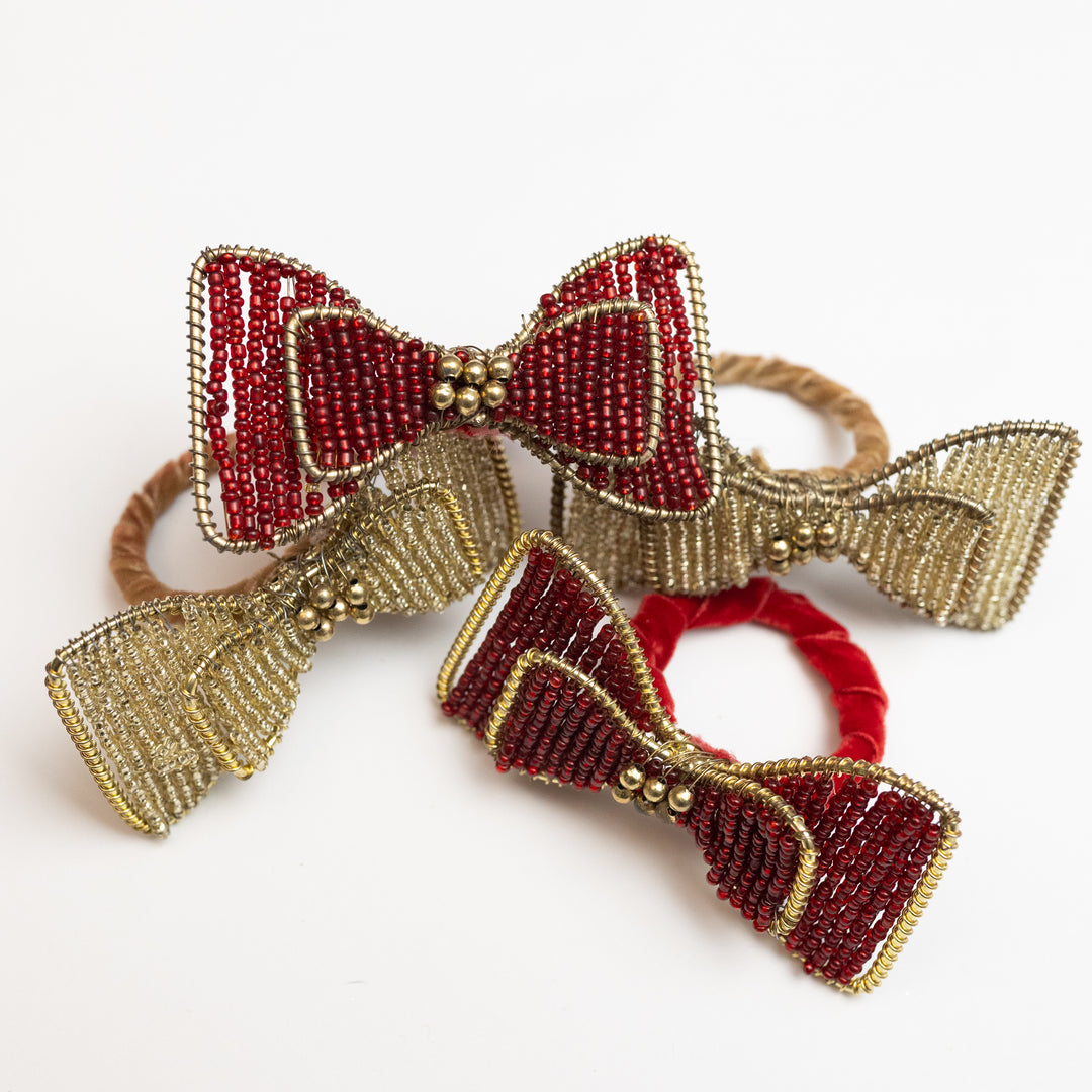 Red and Gold Beaded Bow Napkin Ring, Set of 4