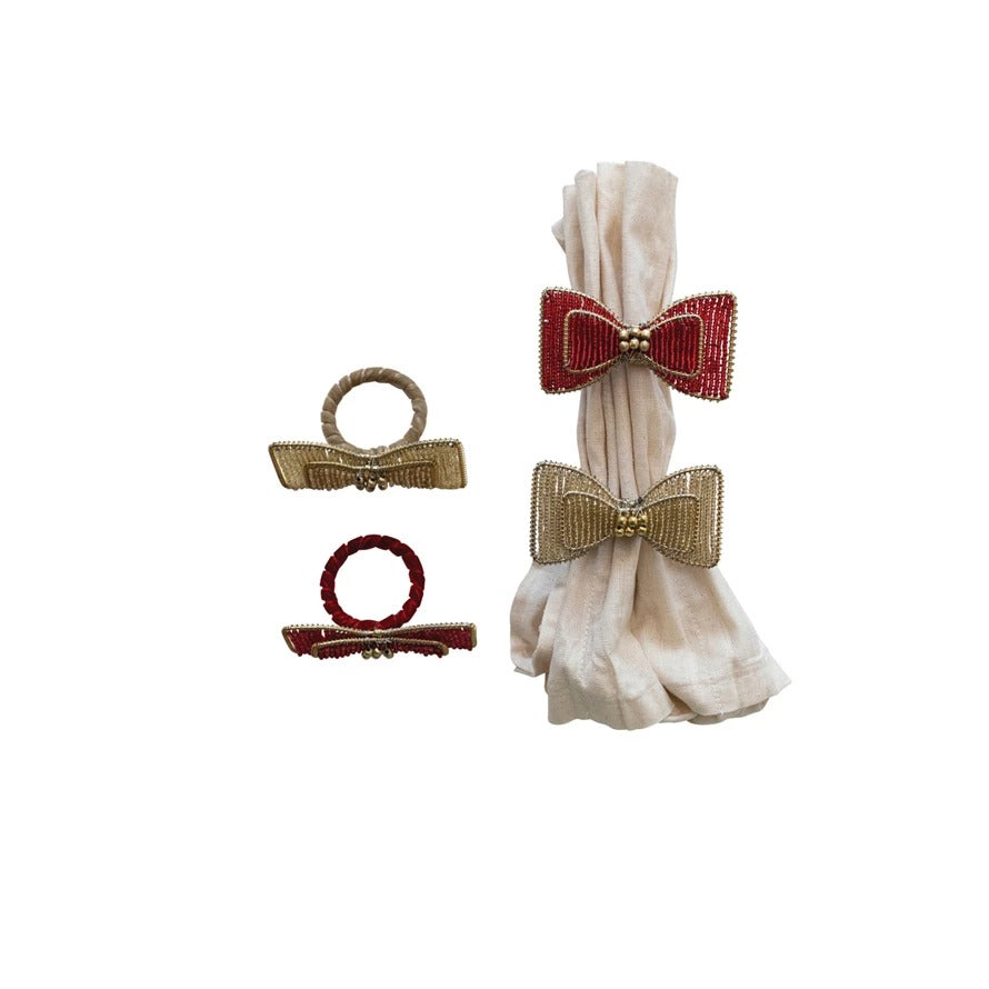 Red and Gold Beaded Bow Napkin Ring Set/4