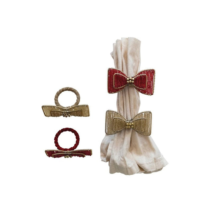 Red and Gold Beaded Bow Napkin Ring, Set of 4