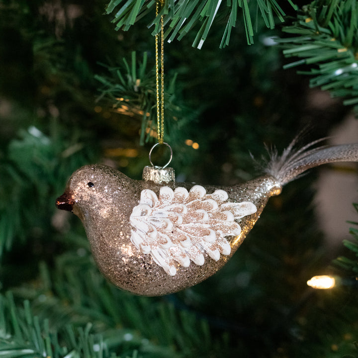 Silver Glittered Glass Bird Ornament