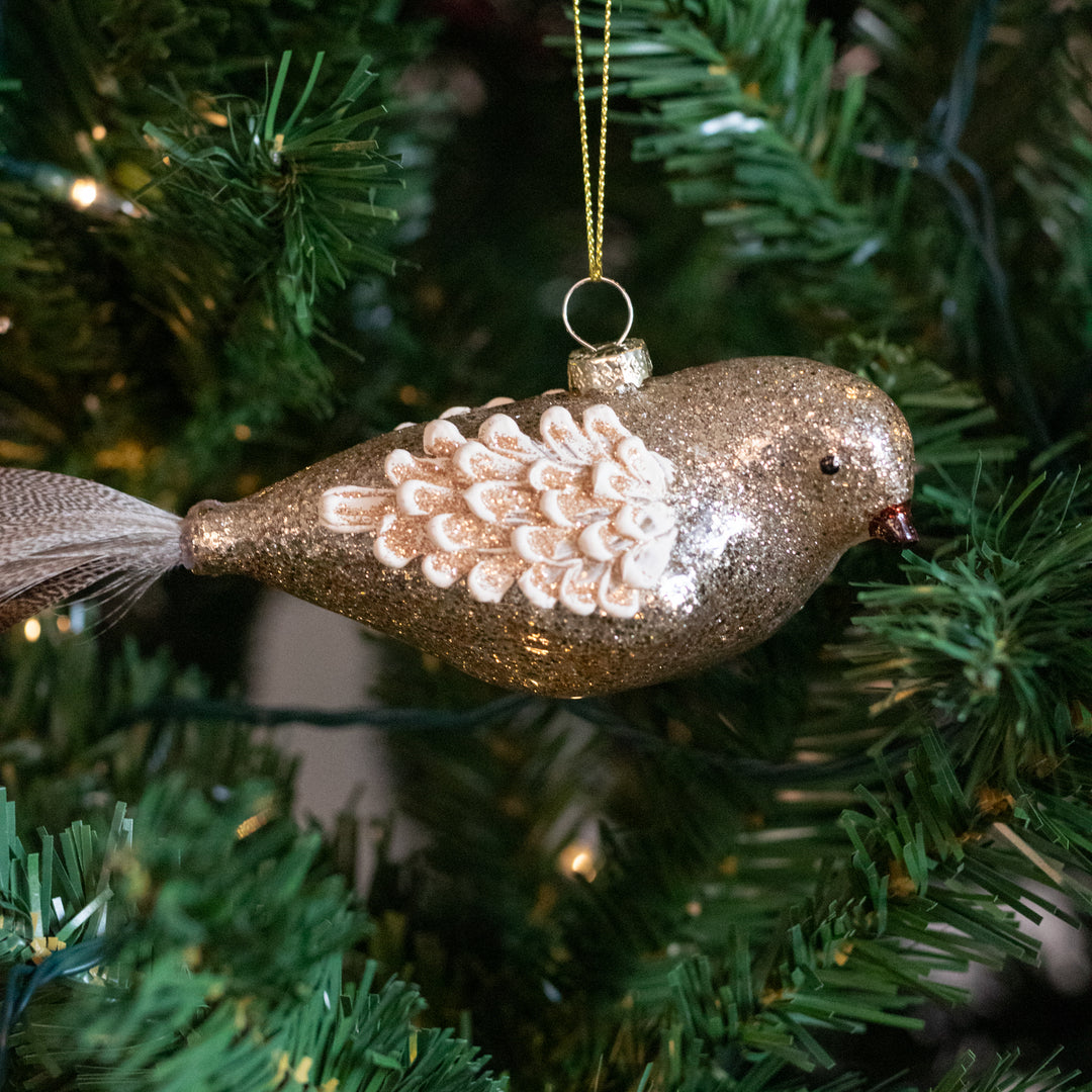 Silver Glittered Glass Bird Ornament