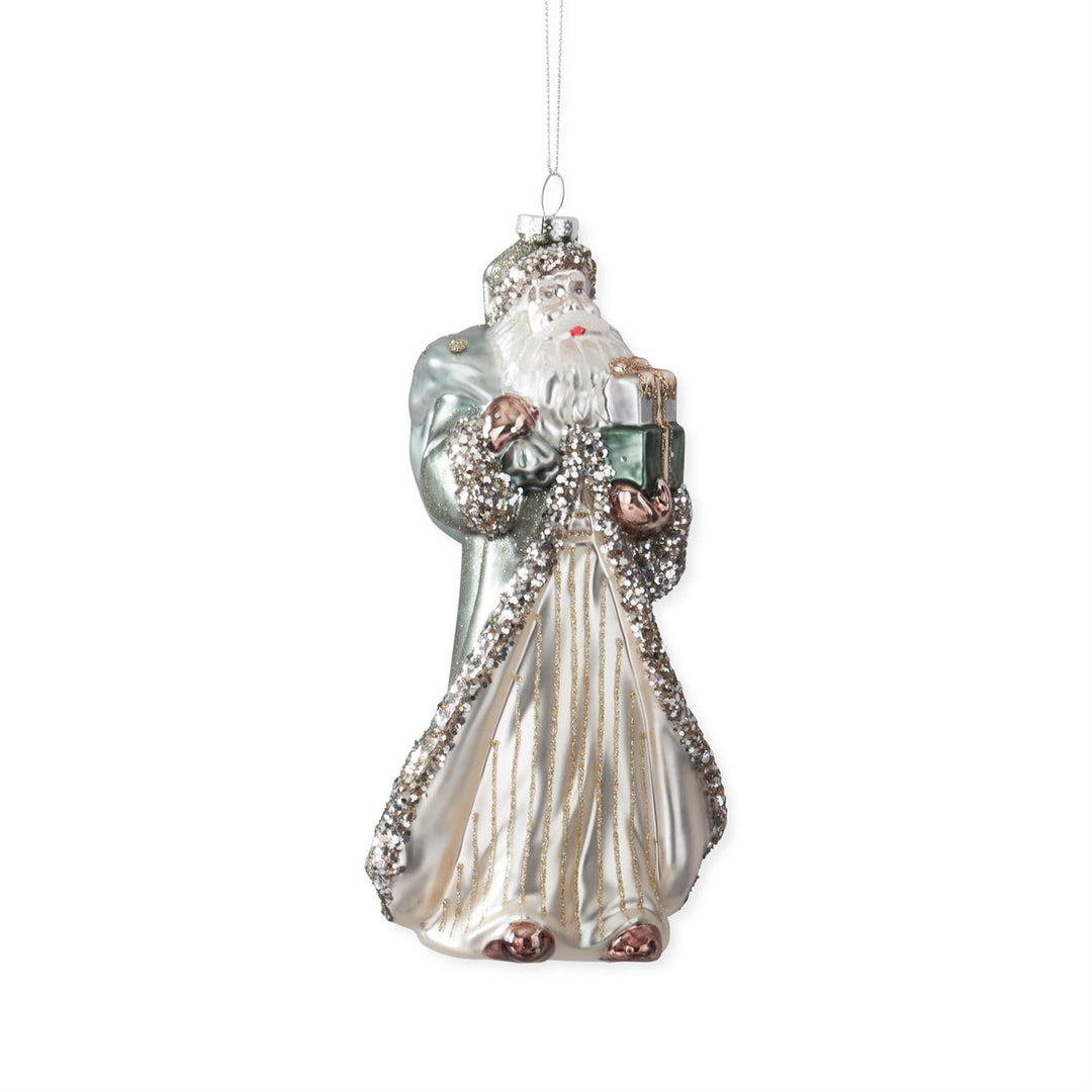 Silver Coat Blown Glass Santa Ornament