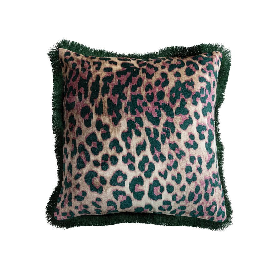 Velvet Pink & Green Leopard Print 20" Square Pillow