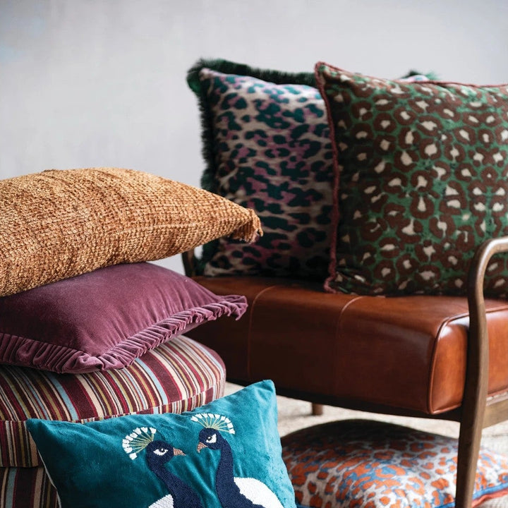 Velvet Pink & Green Leopard Print 20" Square Pillow