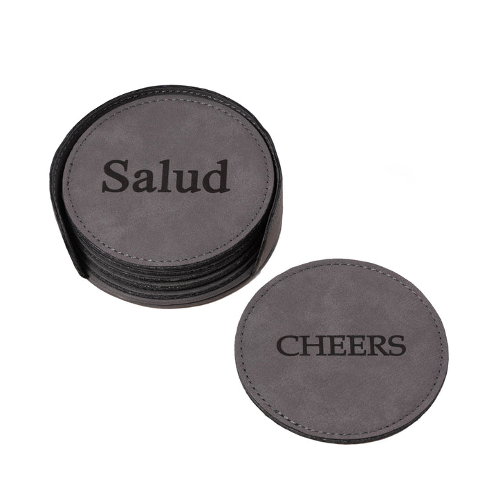 Vintage Gray Leather Cheers Coaster, Set of 6