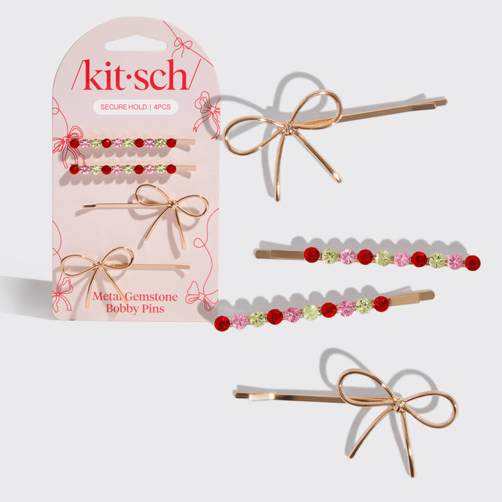 Gemstone &amp; Bow Bobby Pins, Set of 4